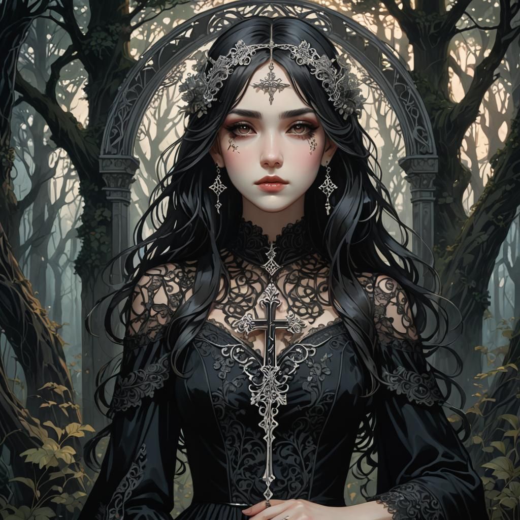 Mystical Forest Girl Portrait in Anime Art Nouveau Style