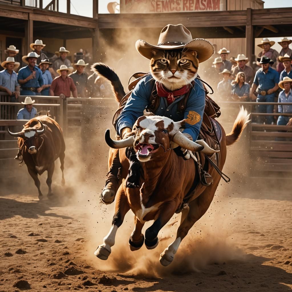 Cowboy Cat Rides Bull in Wild West Rodeo
