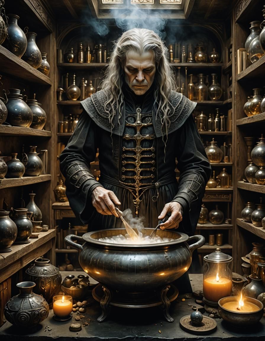 Alchemist's Lair: Bubbling Cauldrons in Art Nouveau Style