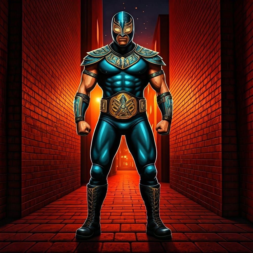 Ancient Warrior Luchador in Red Brick City Alleyway