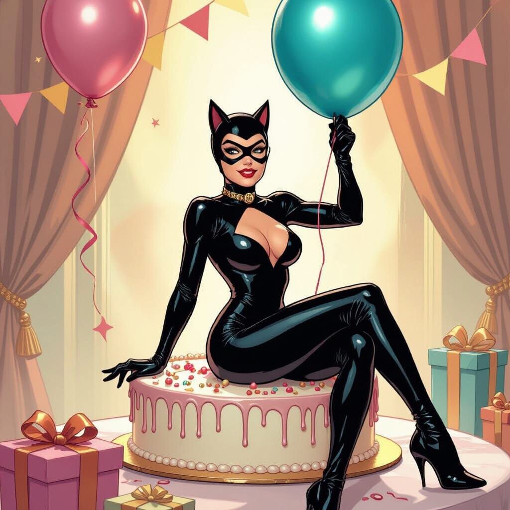 Black Cat Popping Balloon, Comic Book Style Illustration