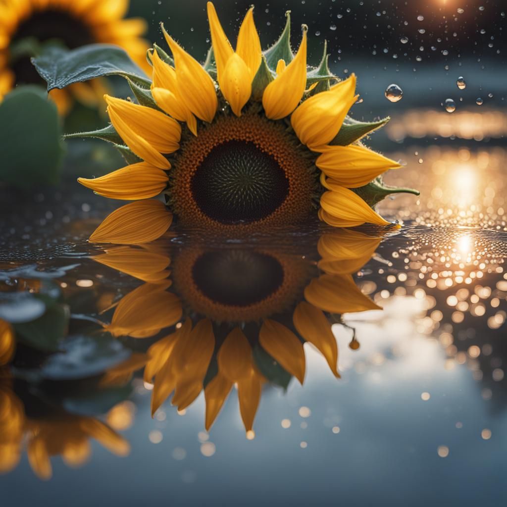 Sunflowers Reflected in Rain Puddle: Hyperrealistic Splash A...