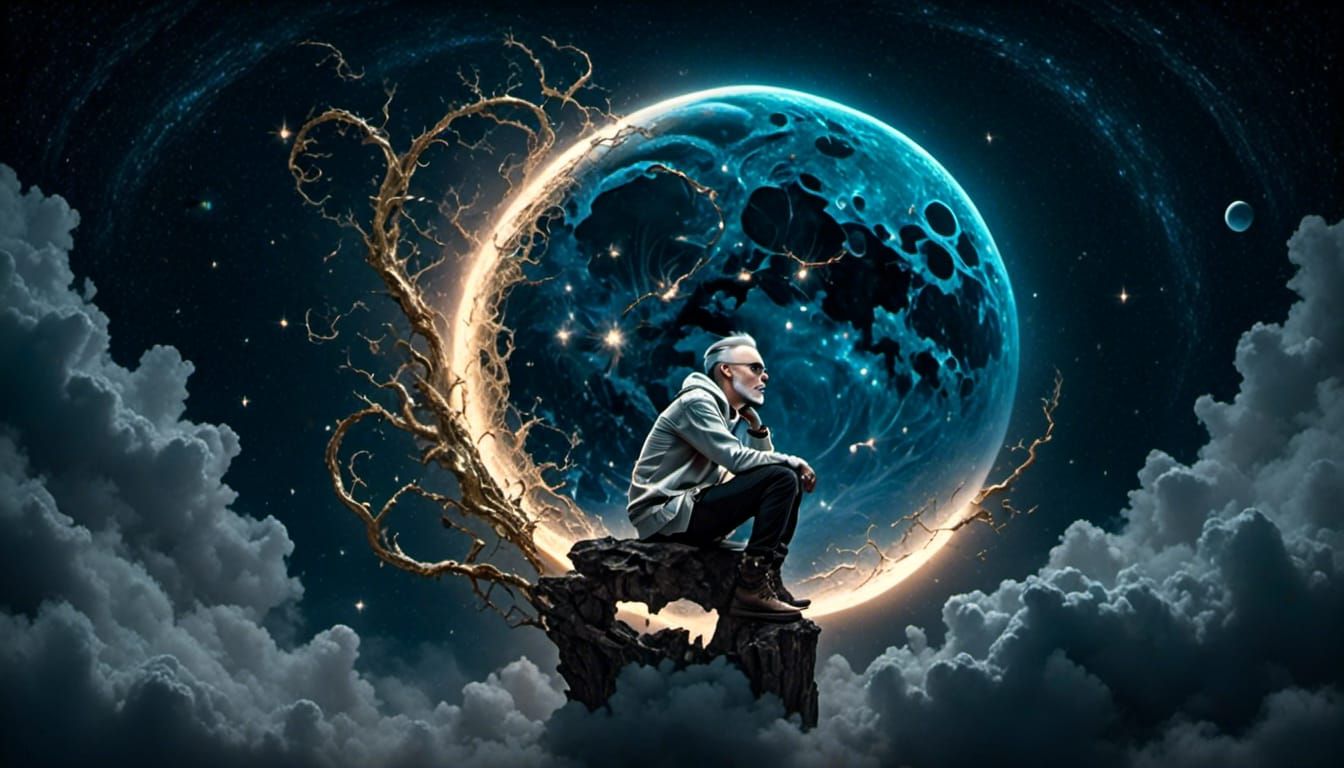 Man on Moon Crest in Watercolor Style