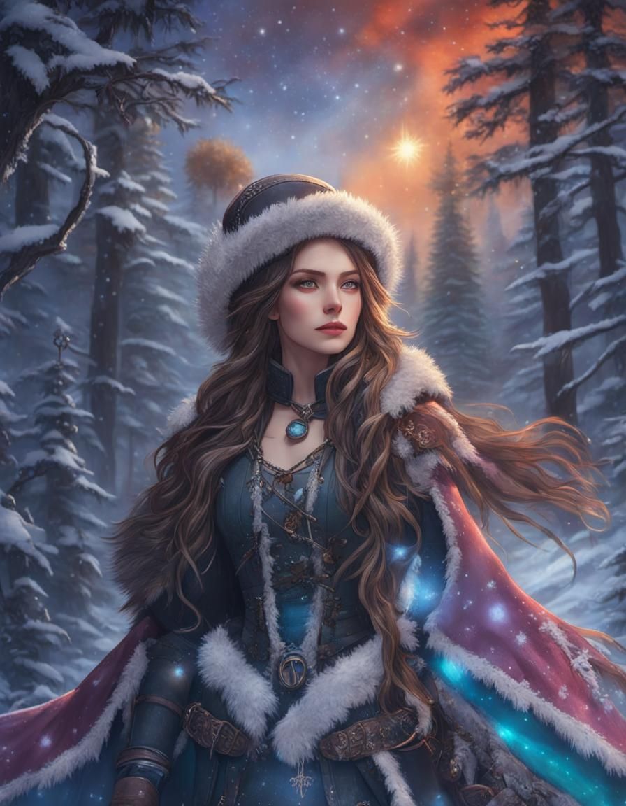 Female Adventurer in Winter Forest, Anime Art