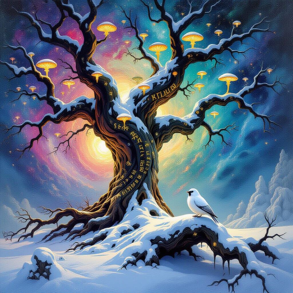 Cosmic Tree with Sparrow Under Nebula Sky