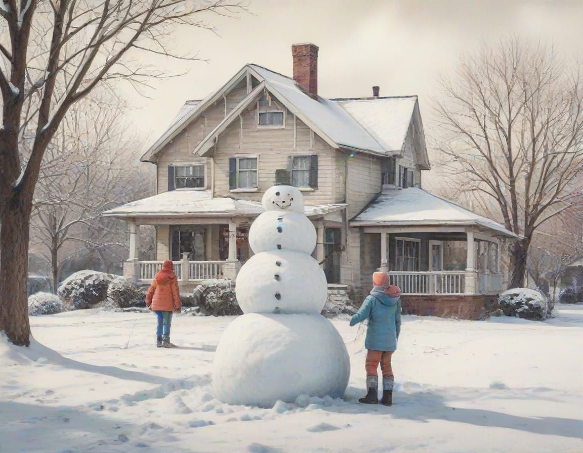 Winter Wonderland Snowman Scene in Vibrant Wet Pastel Style