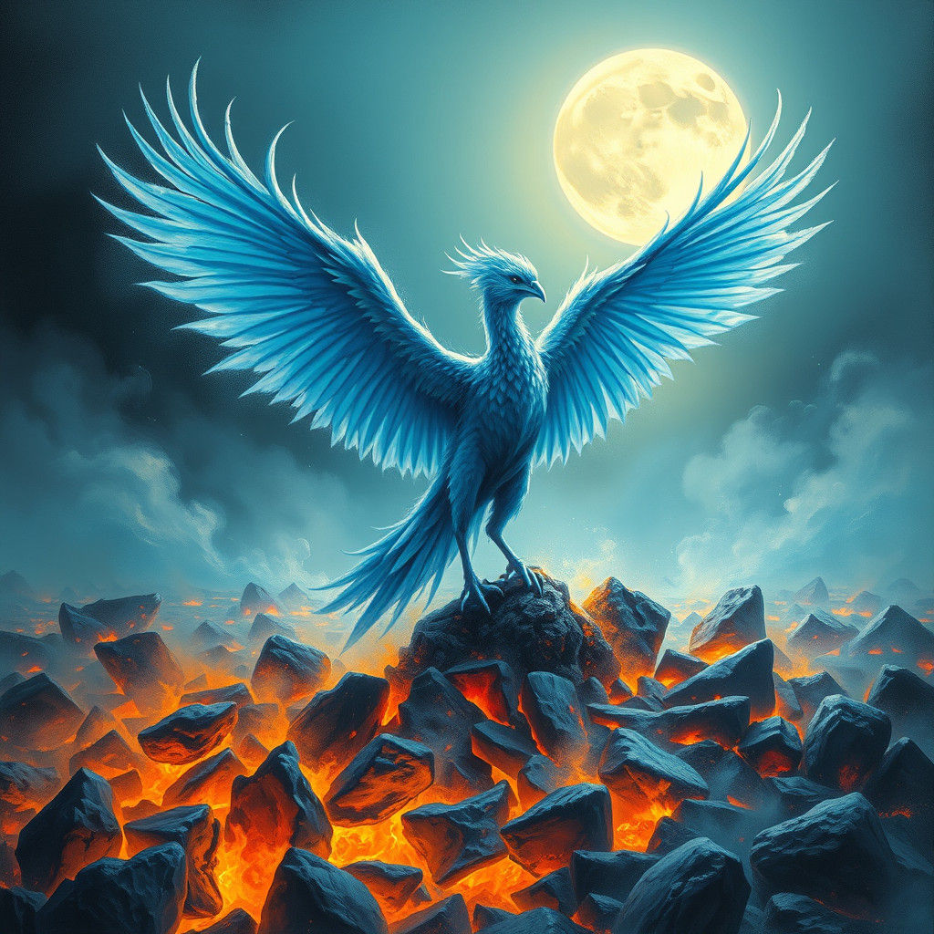Ethereal Blue Phoenix Rising Under Full Moon
