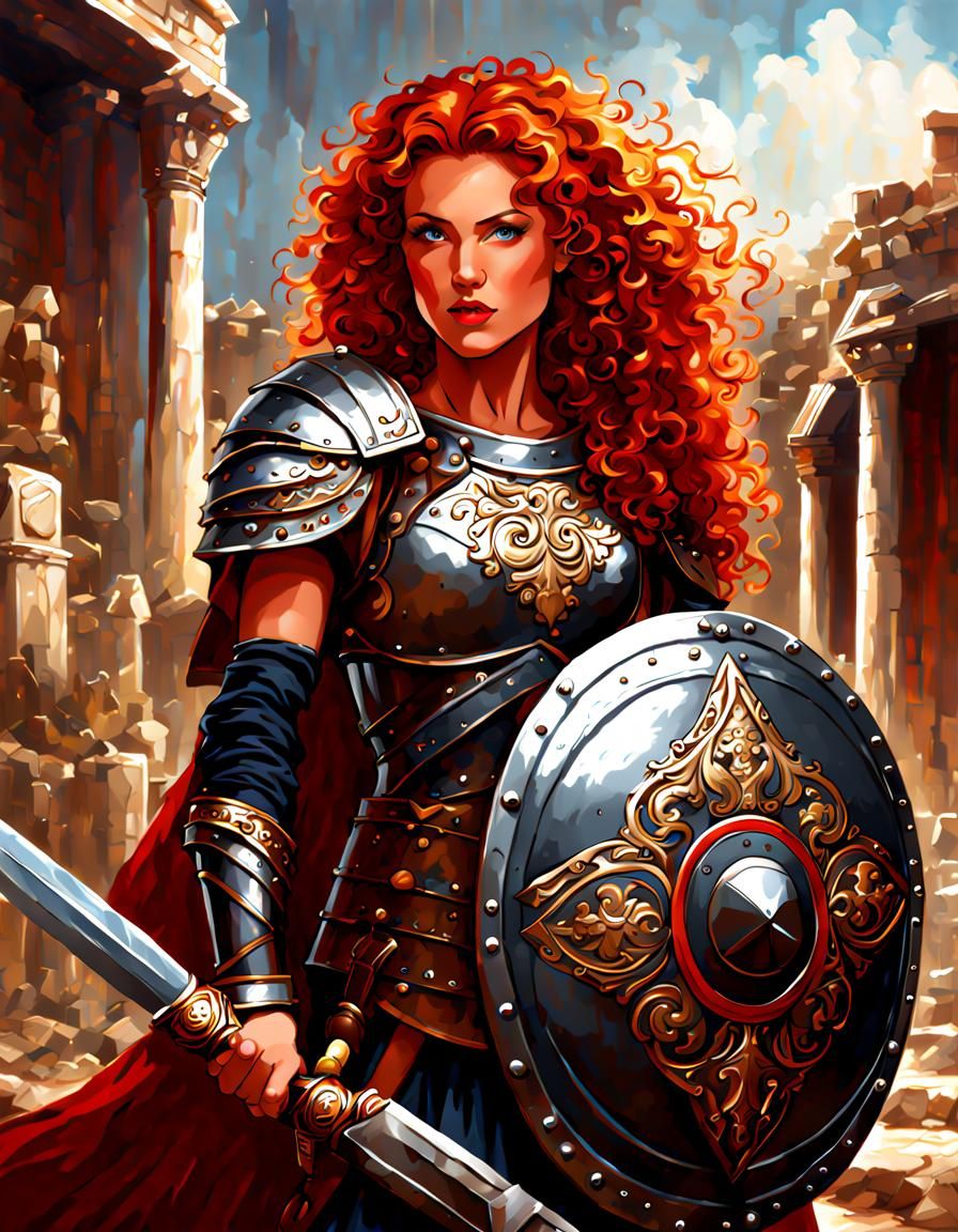 Female Warrior with Ornate Shield in Rome