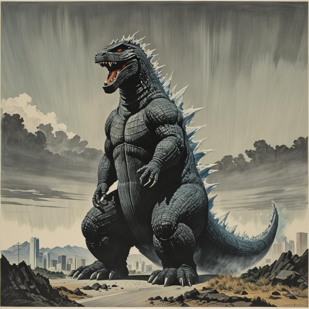 Godzilla in Ed Ruscha's Pop Art Style