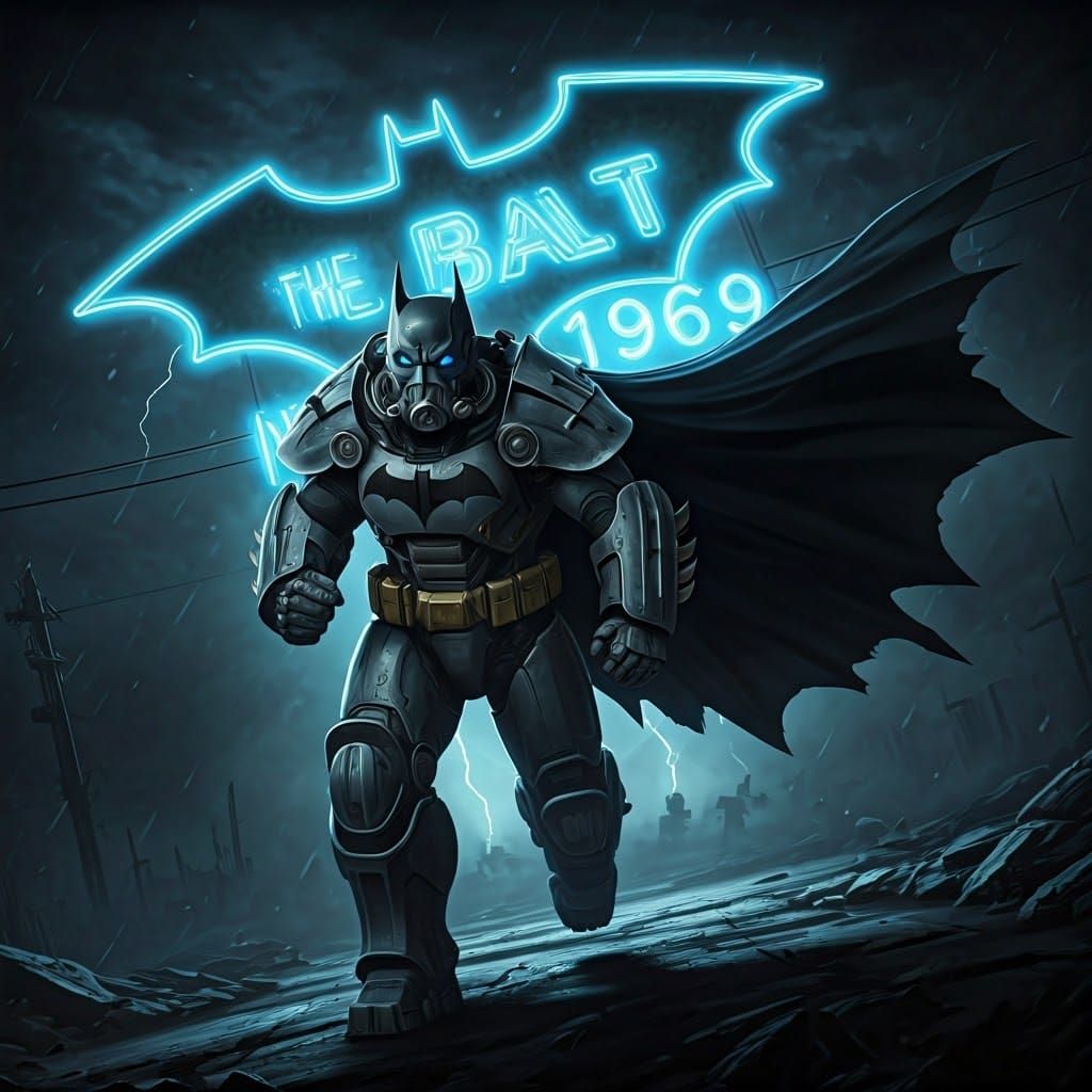 Batman in Fallout Power Armor with Neon Sign