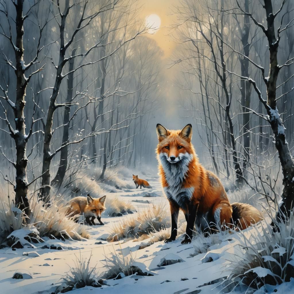 Fox in First Frost: Detailed Monochromatic Illustration