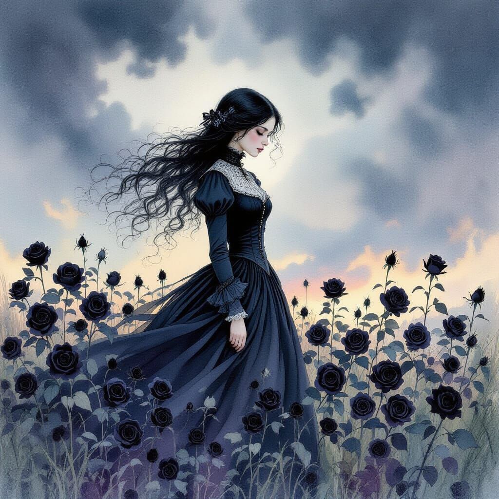 Melancholic Victorian Lady in Black Rose Field