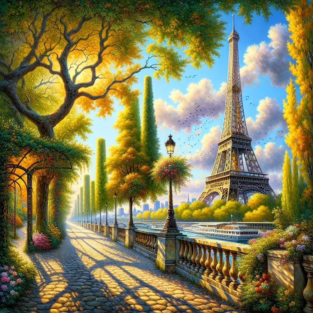 Eiffel Tower in Golden Light of Late Impressionism