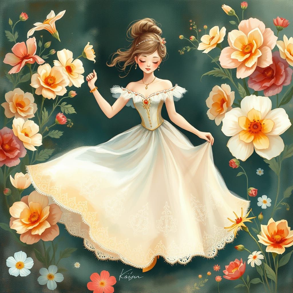 Princess Dancing in Flower Garden, Fairy Tale Art