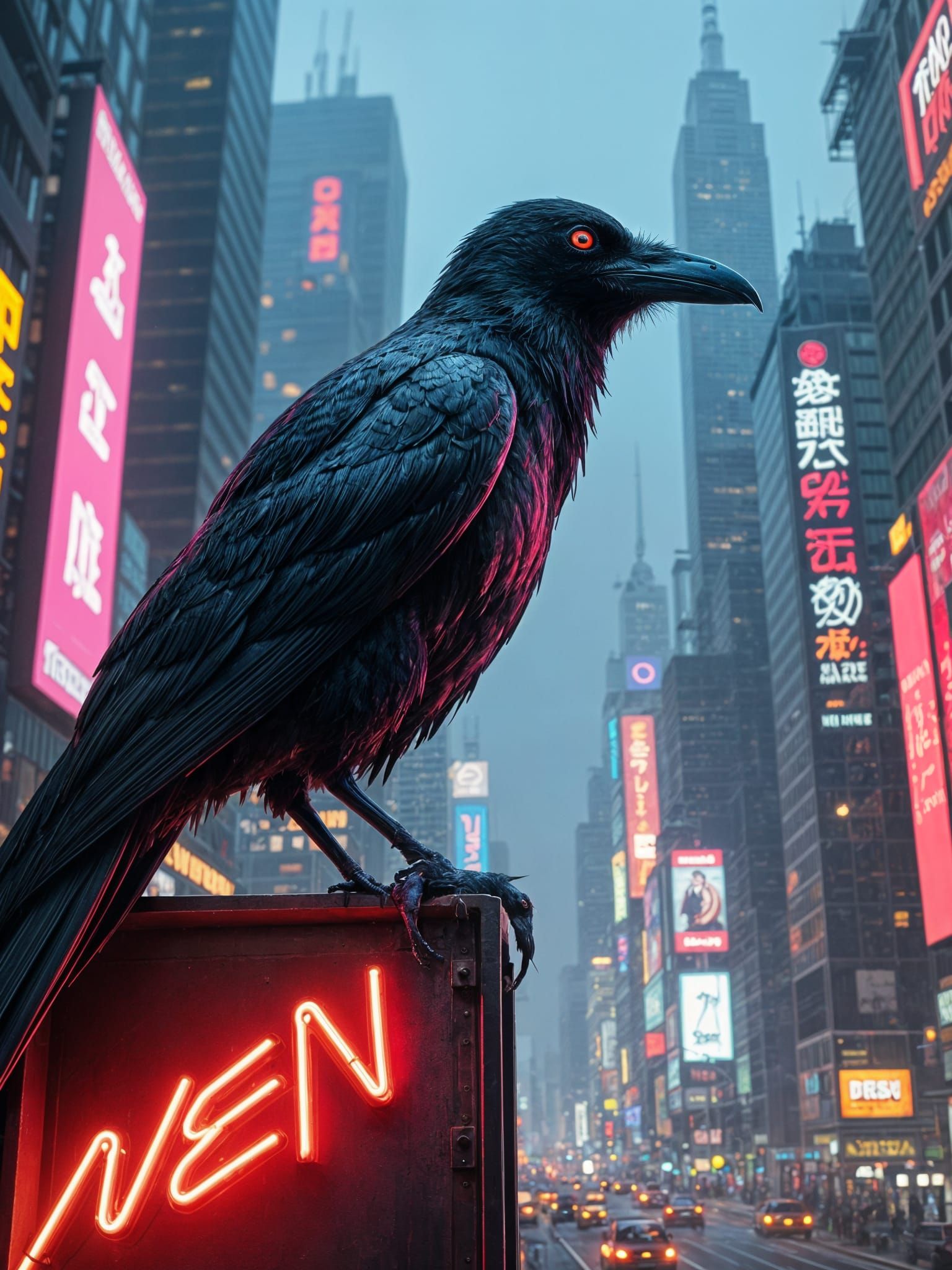 Cyberpunk Raven on Neon Signboard