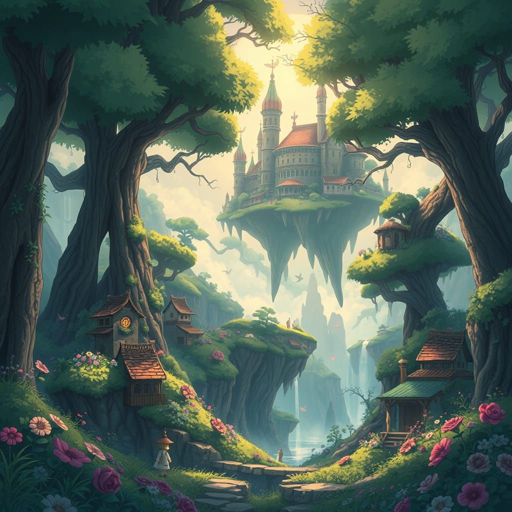 Whimsical Ghibli-Inspired Landscape with Ethereal Light