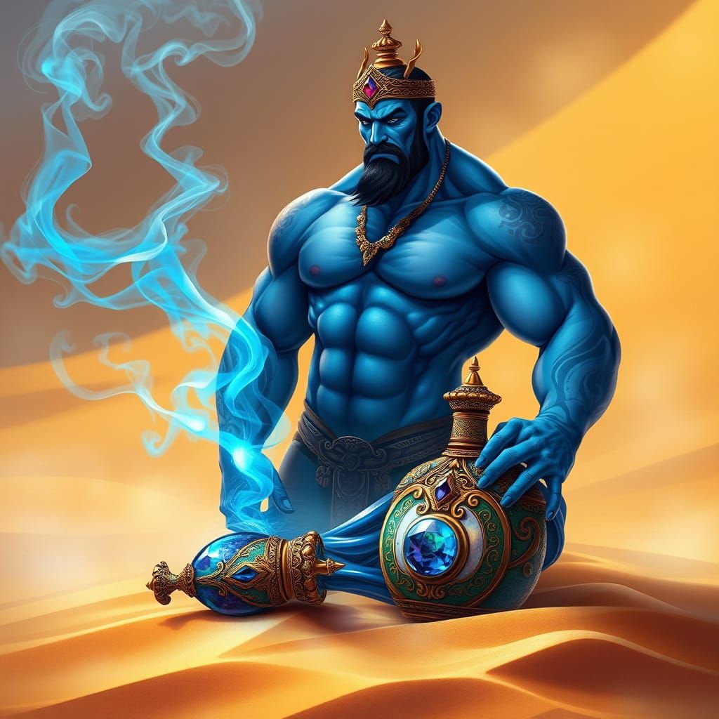 Majestic Blue Genie Beside Mystic Bottle