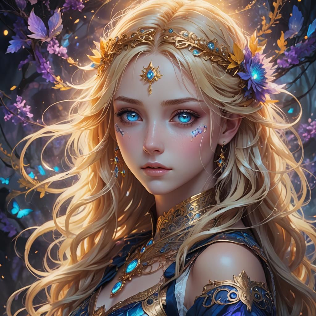 Anime Girl Portrait with Blue Eyes and Blond Hair