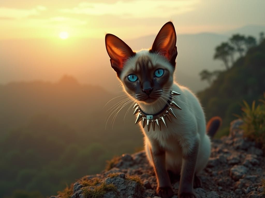 Siamese Cat with Spiked Collar, Cinematic Film Still