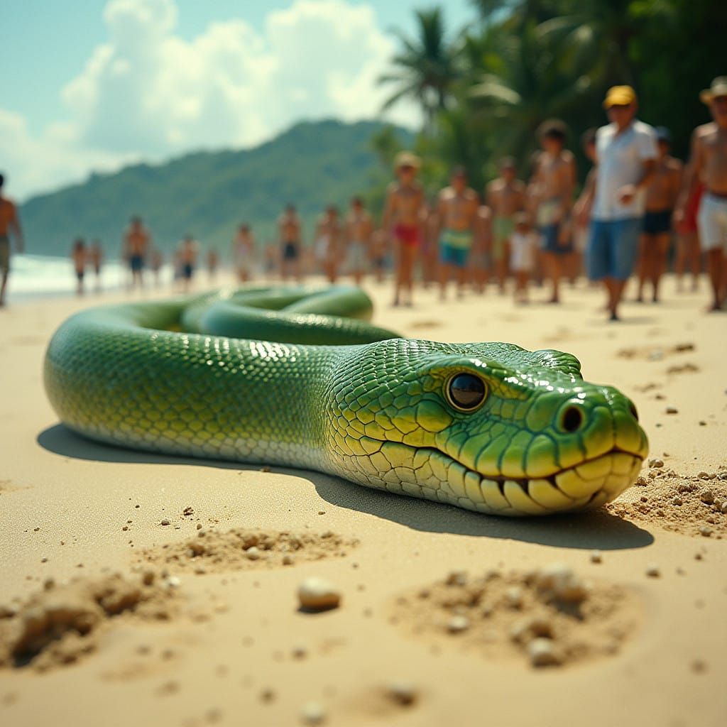 Hyperrealistic Beach Scene with a Massive Snake and Awestruc...