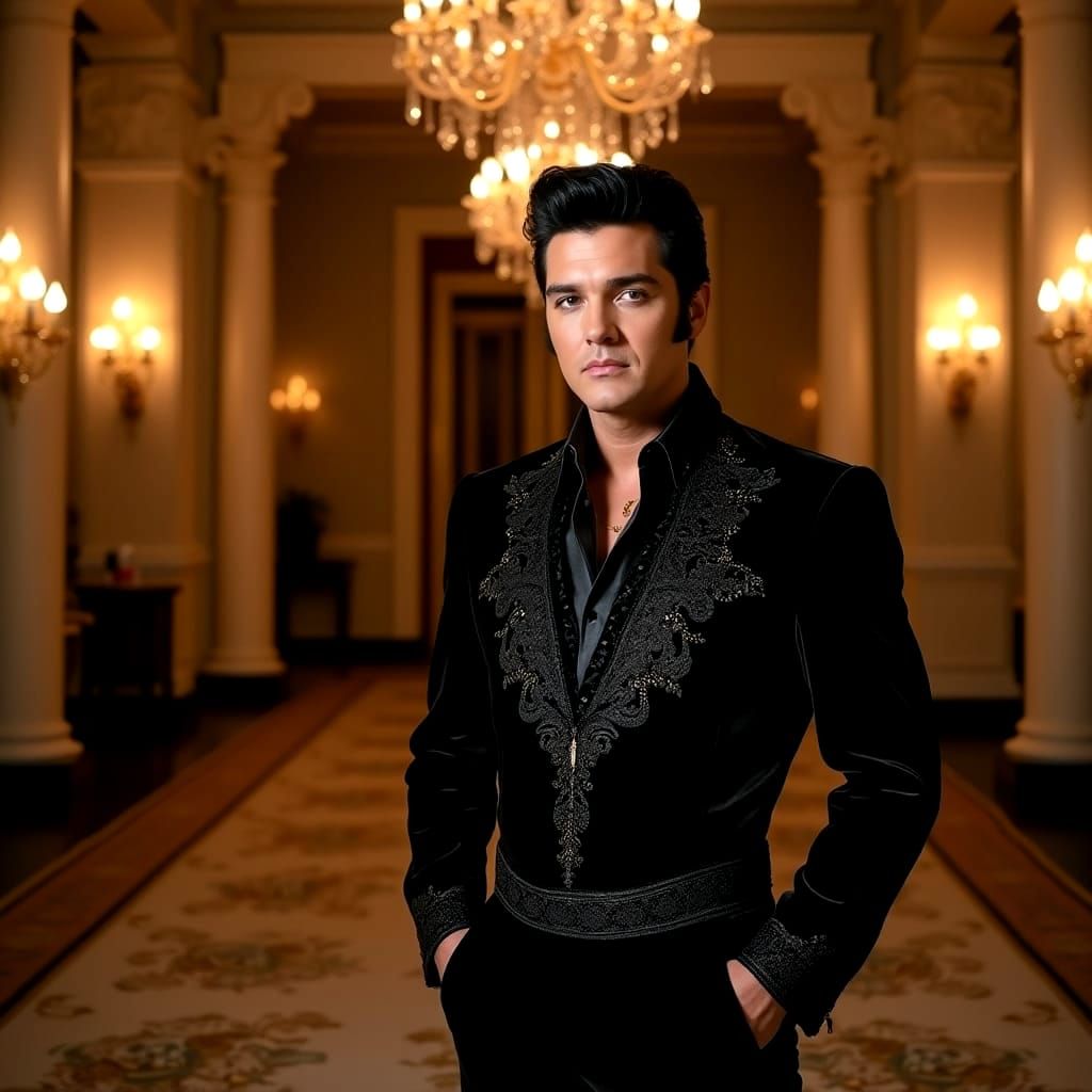 Elvis Presley in Luxurious Black Leather Suit, Majestically ...