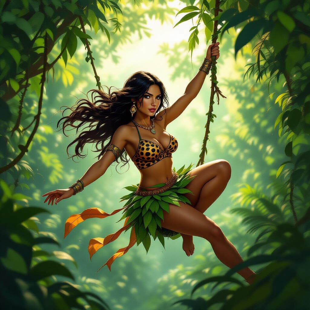 Heroic Jungle Woman Swings Through Rainforest in Oil Paintin...