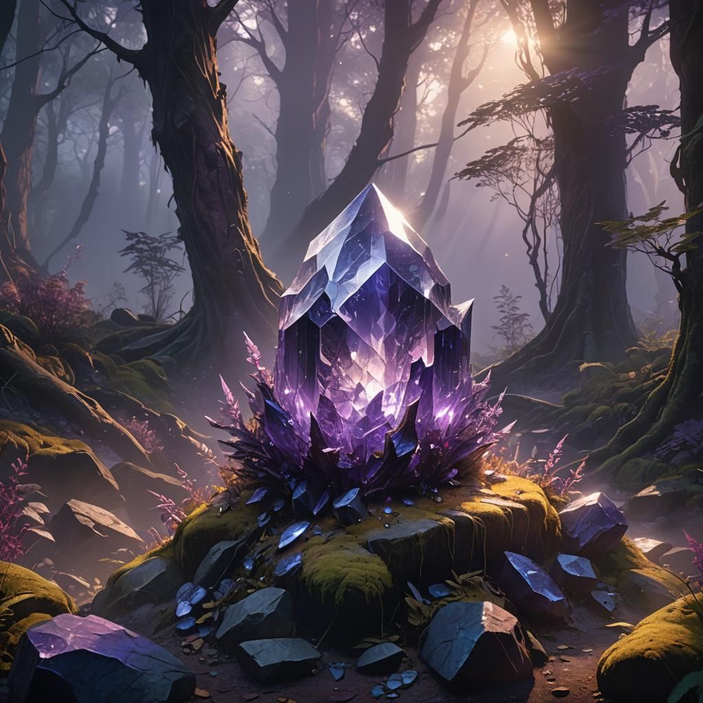 Enchanted Purple Crystal in Misty Forest