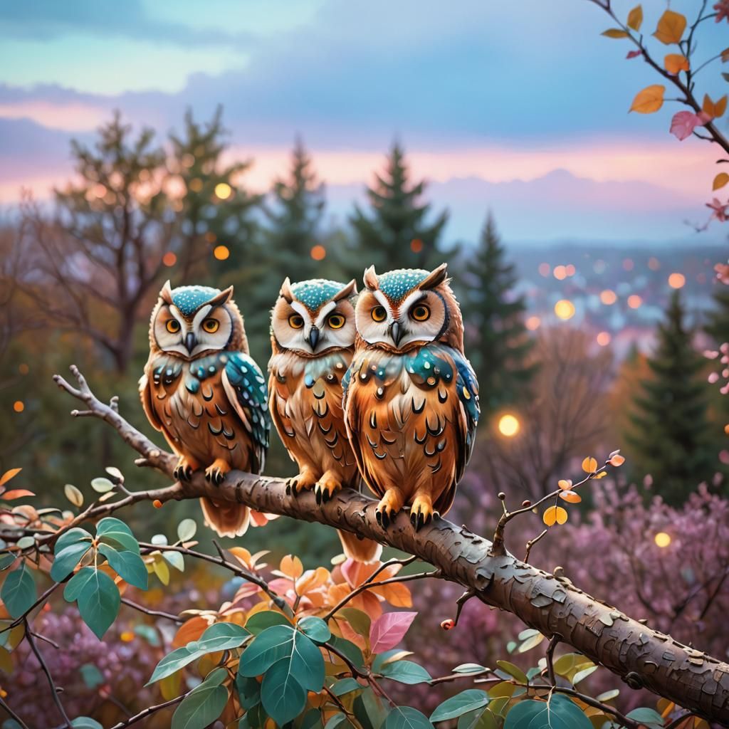 Cute Colorful Owls on Branch: Digital Illustration