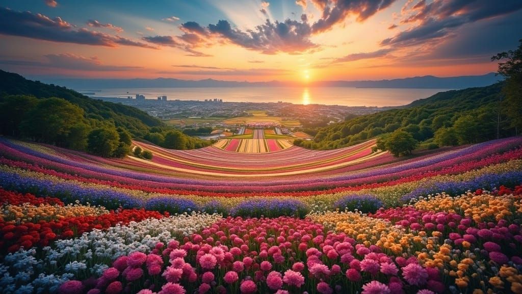 Vast Flower Park in Japan at Golden Hour