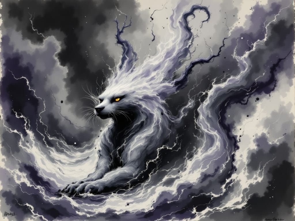 Stormy Feline Muse in Charcoal and Japanese Ink