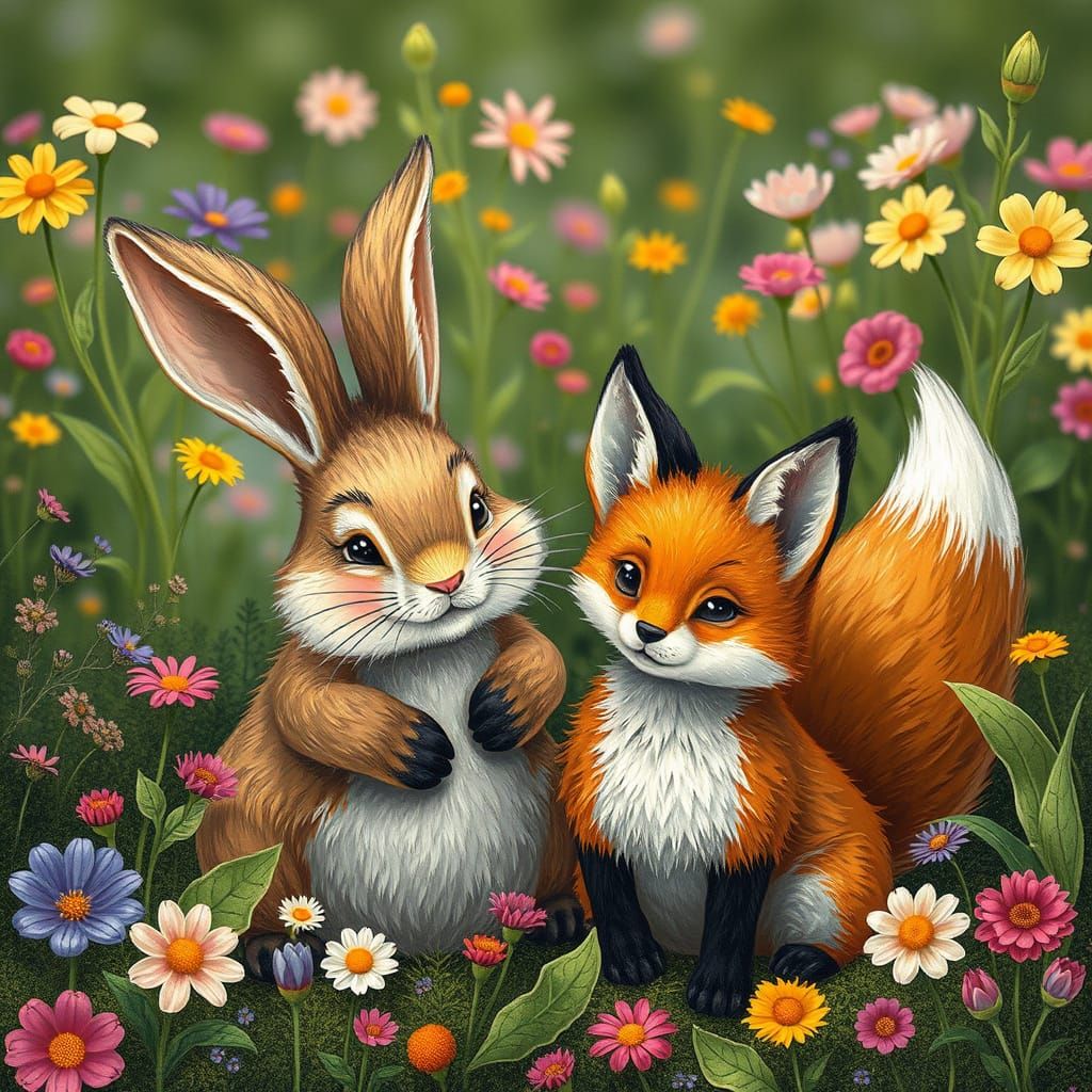Bunny and Fox Friends in a Vibrant Floral Garden