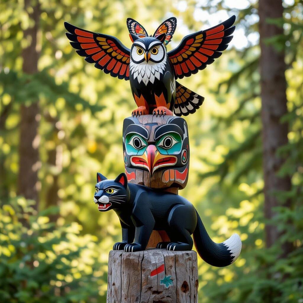Pacific Northwest Totem Pole with Panther, Fox, Owl, and But...