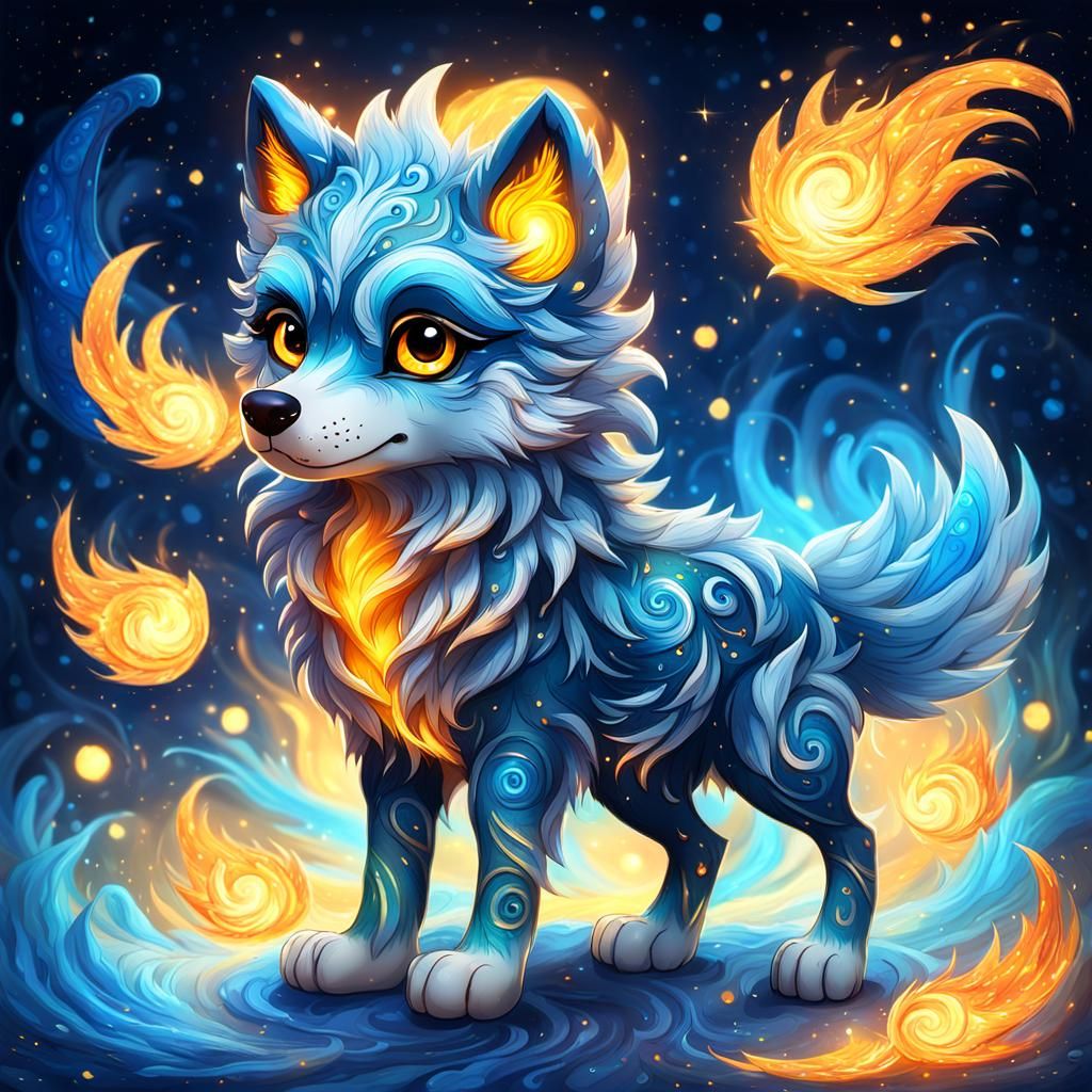 Vibrant blue chibi big -eyed baby wolf with soft, fluffy fur...