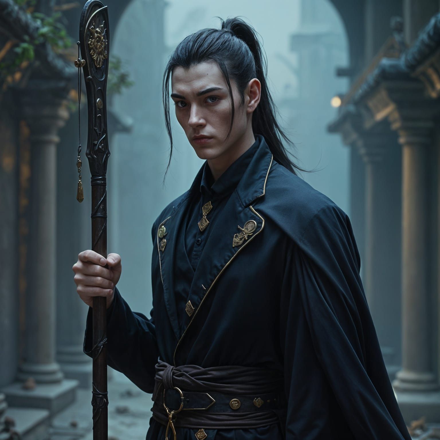 Fantasy Male Character with Staff in Detailed Matte Painting