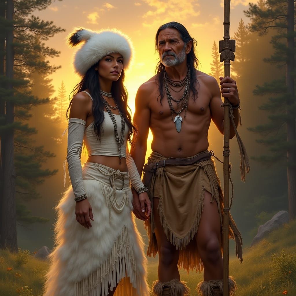 Regal Indigenous Mother and Father in Traditional Attire, Bl...
