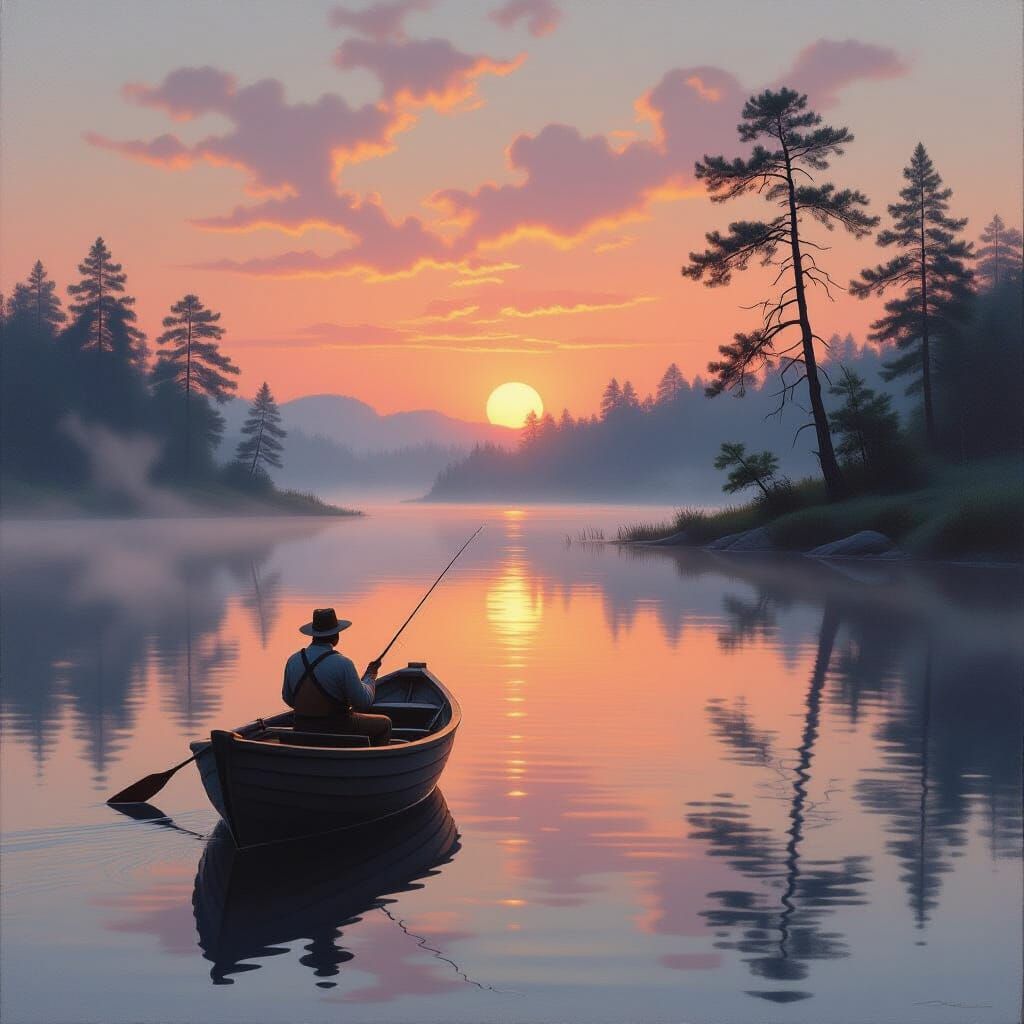 Fisherman on Misty Lake at Dawn, Classical Oil Painting