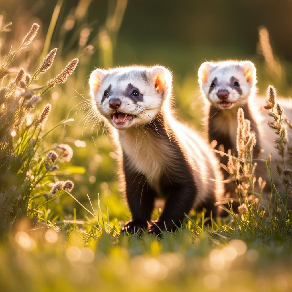 Ferret Kits Playing in Sun-Drenched Meadow