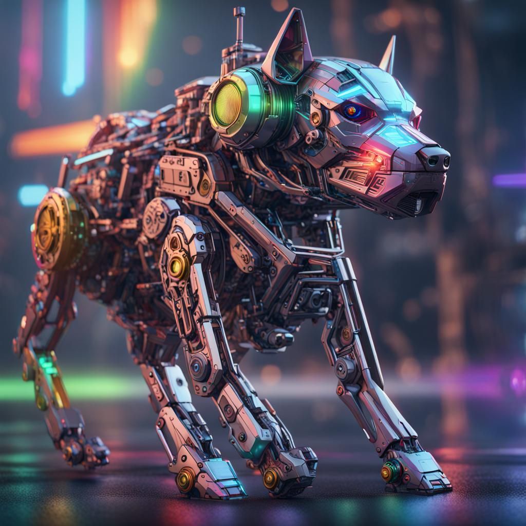 Futuristic Rainbow Dog with Intricate Mech Details