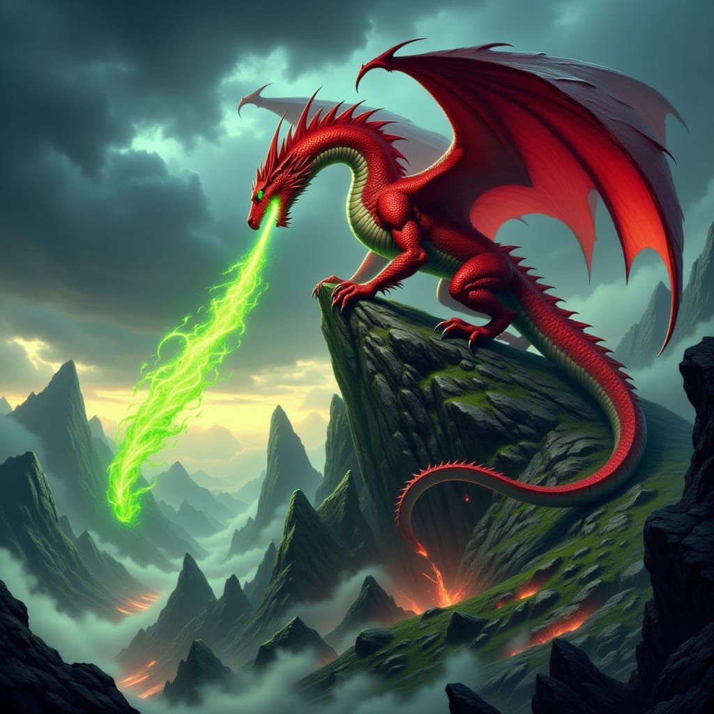 Red Dragon Breathes Emerald Fire on Volcanic Peak