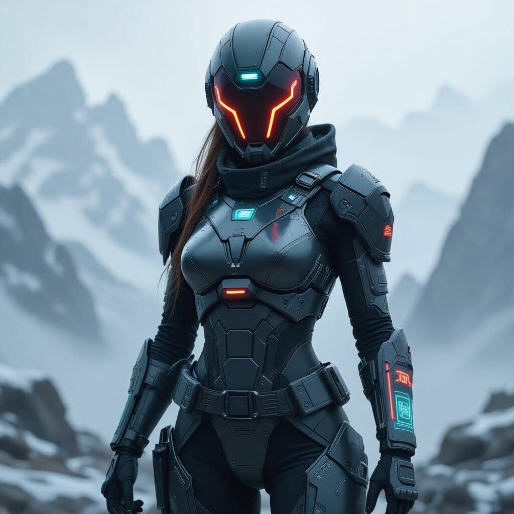 Futuristic Warrior in Dystopian Mountain Landscape