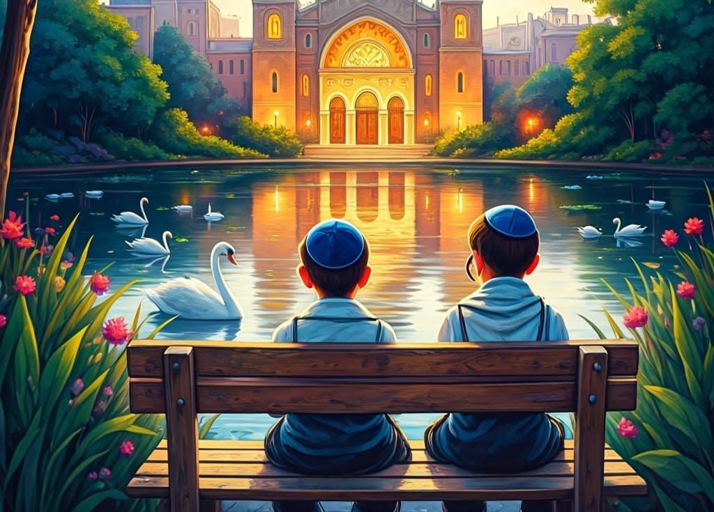 Children Watching Swans: Watercolor Impressionist Painting