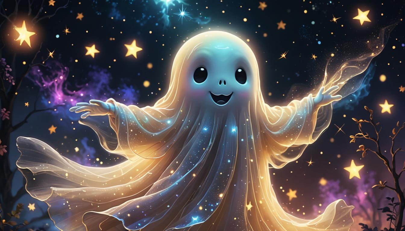 Friendly Ghost Waving in Dreamy Starlight