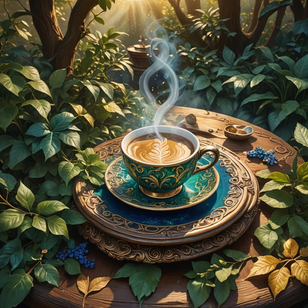 Mystical Morning Coffee in Lush Setting