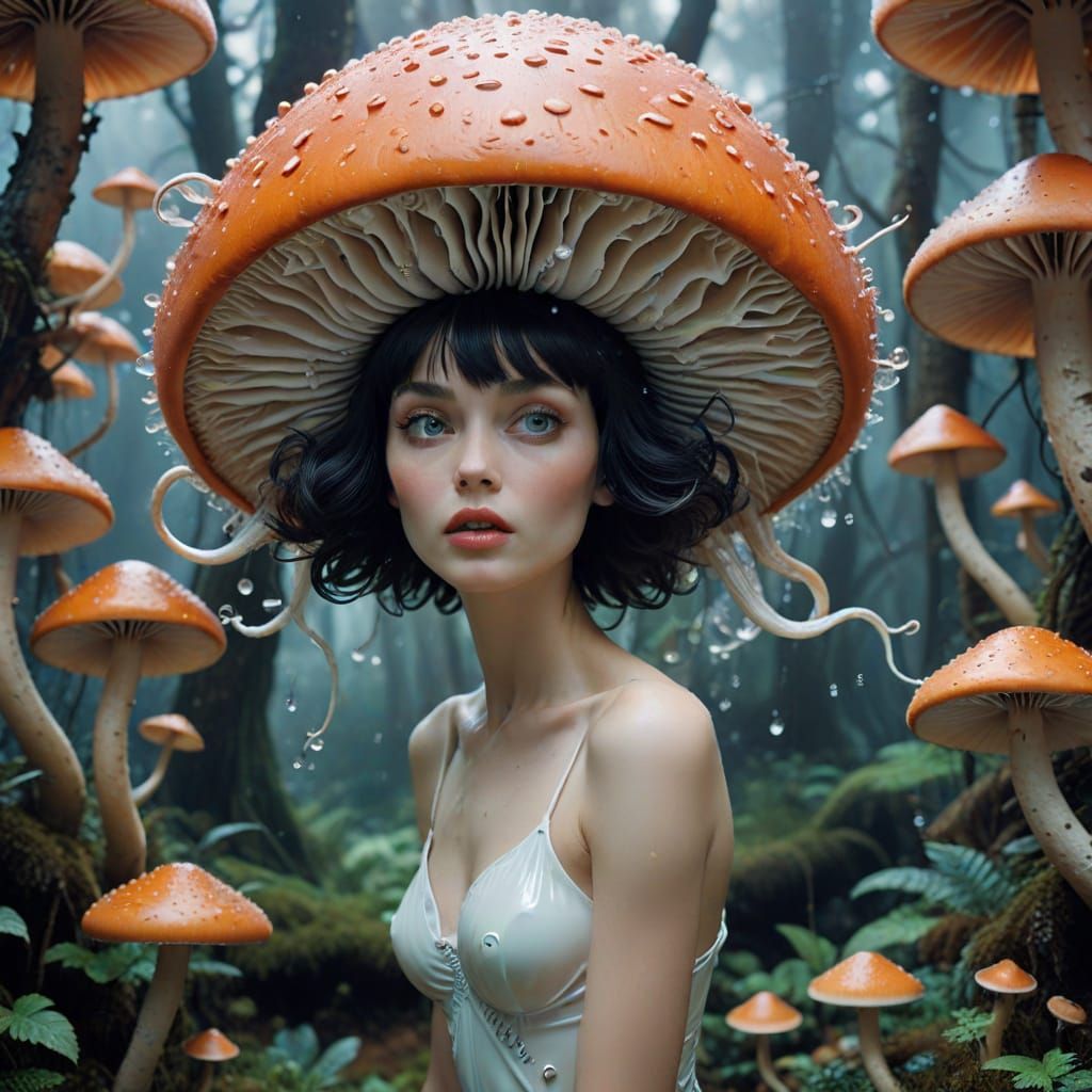 Surreal Closeup of Alien Interacting with Whimsical Mushroom...