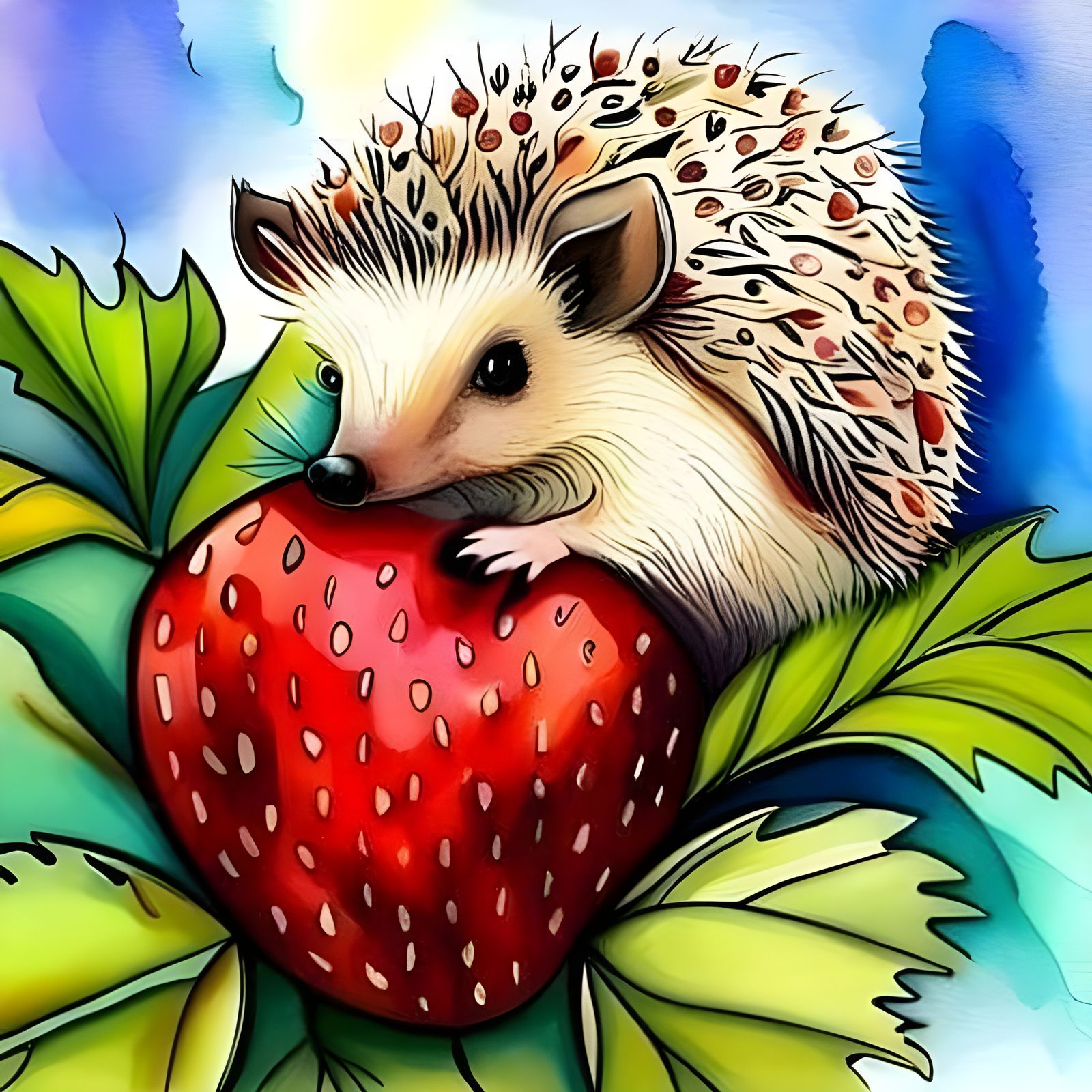 Hedgehog in Strawberry Patch: Watercolor Art