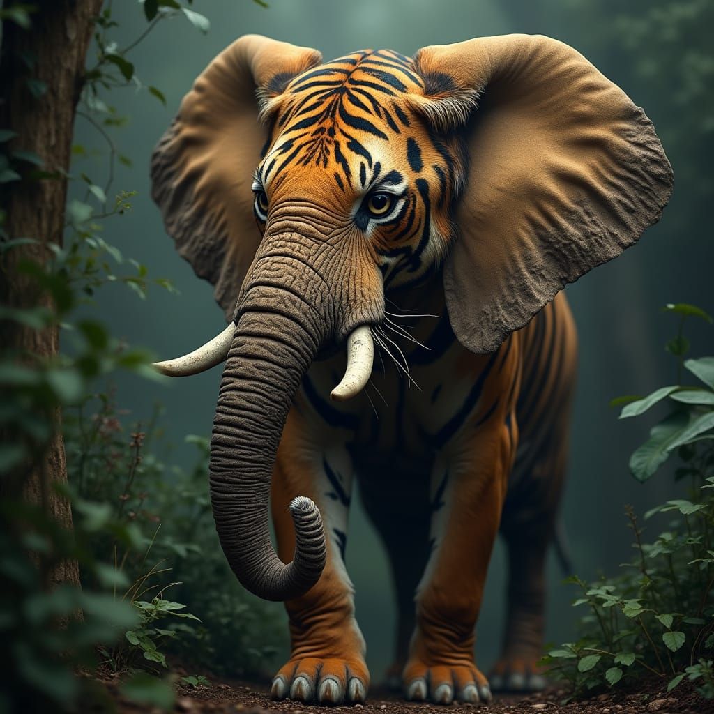 Realistic Tiger-Elephant Hybrid in a Lush Jungle