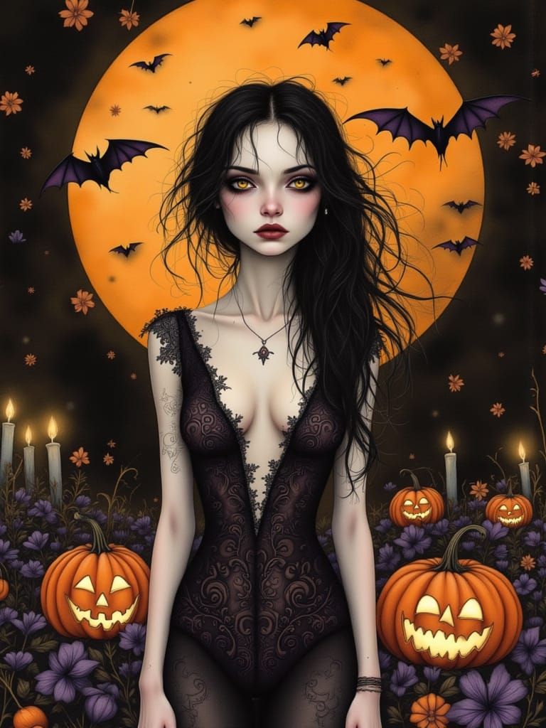 Halloween Harvest Moon with Glowing Pumpkins