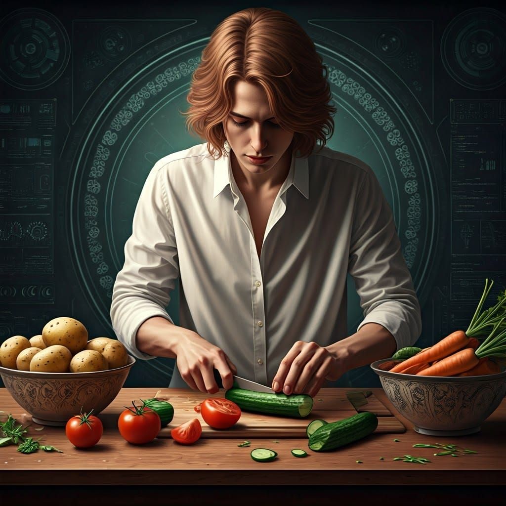 Dramatic Kitchen Scene with Futuristic Elements