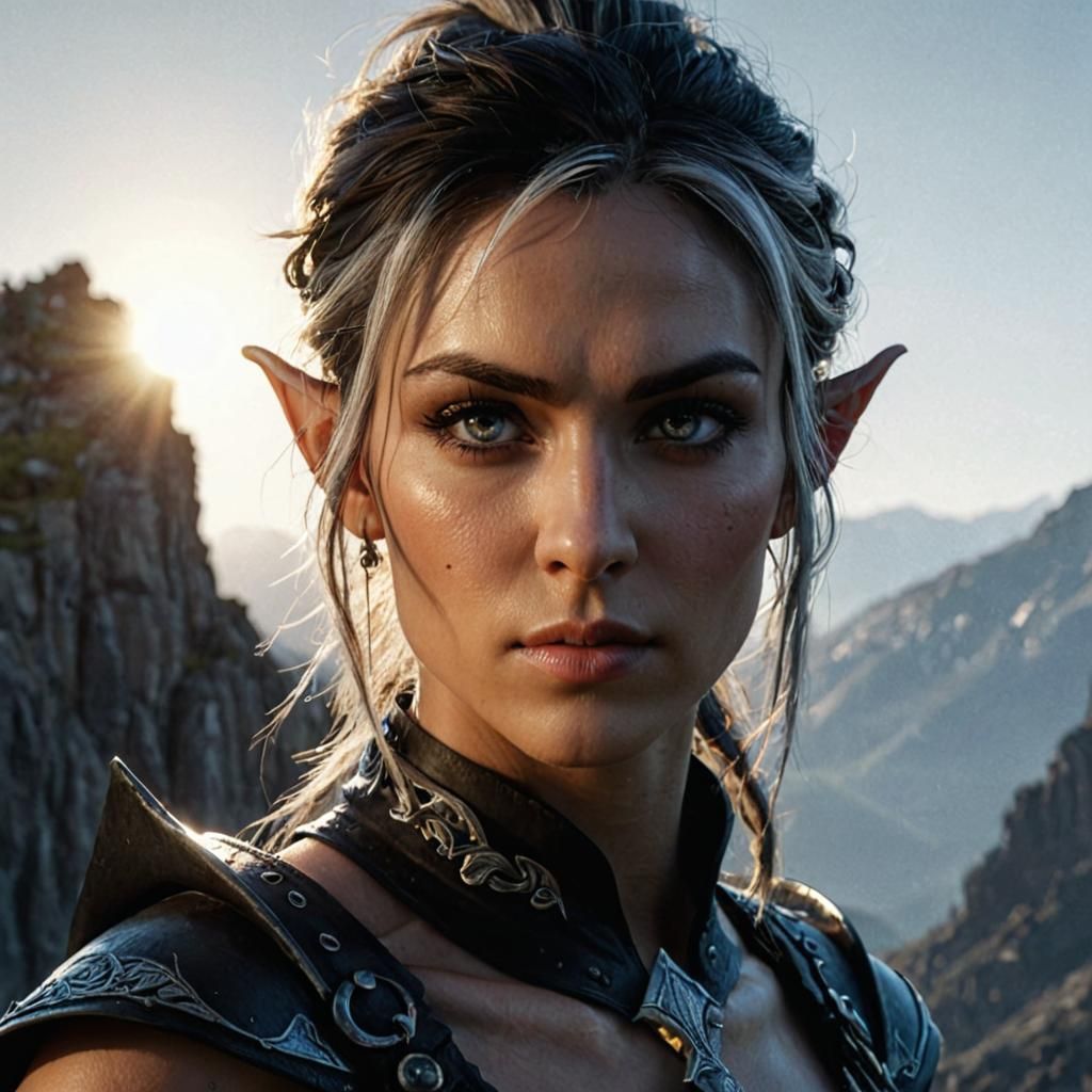 Grey Elf Warrior on Mountain, Hyperrealistic Art