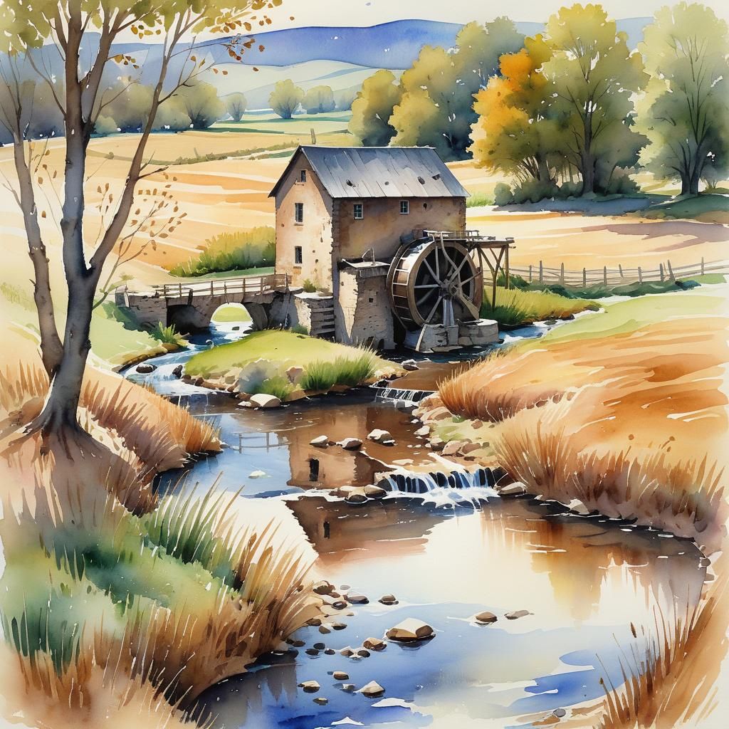 Watercolor Watermill in Spring Landscape